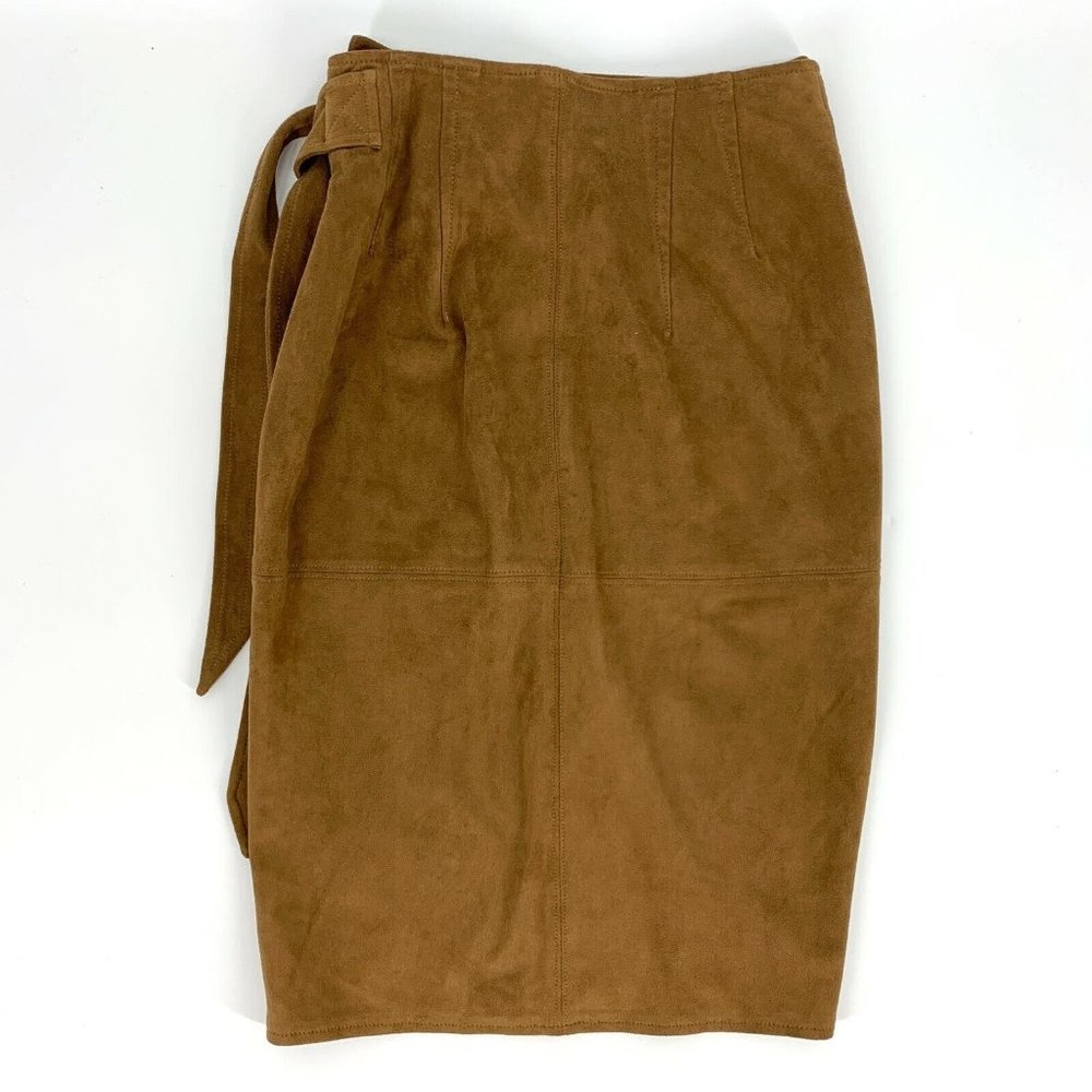 Express Wrap Skirt Brown Tan Faux Suede Tie Waist Pencil High Waist - Picture 9 of 12